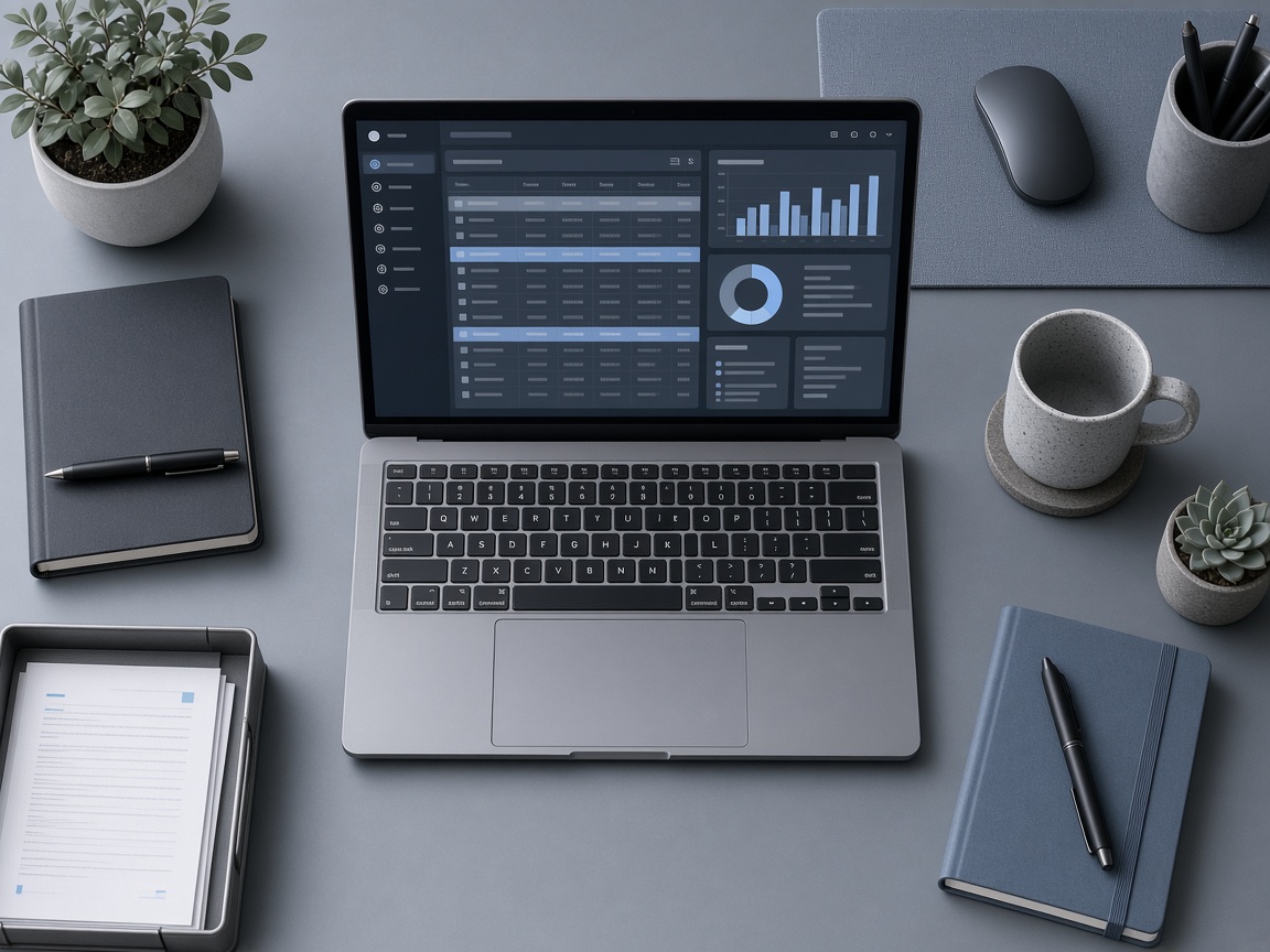 Laptop showing a structured data dashboard in an organised workspace environment